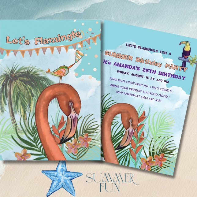 Flamant rose Tropical & Toucan Invitation d'annive (Tropical Flamingo & Toucan Birthday Invitation)