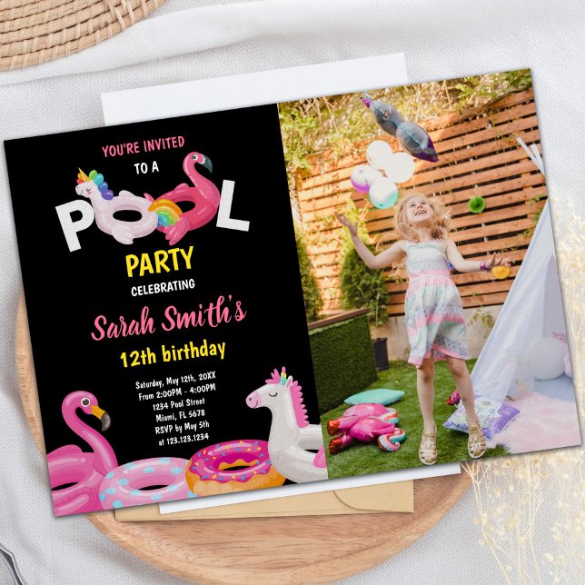 Flamant rose Unicorn Pool Anniversaire Invitations (Flamingo Unicorn Pool Birthday Invitations photo)