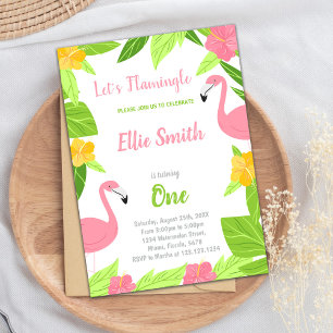 Flamant rose vert Invitations d'anniversaire