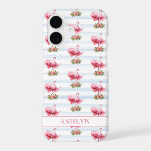 Flamants roses avec des fleurs sur des rayures à l