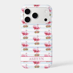 Flamants roses avec des fleurs sur des rayures à l