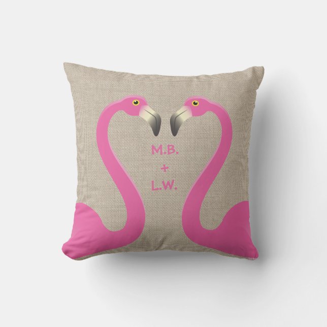 Flamants roses de baiser Monogramme Burlap Coussin (Recto)