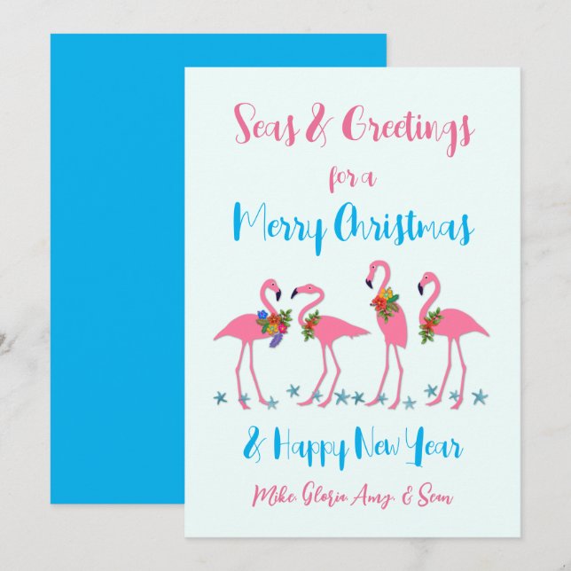 Flamants roses de mer et de voeux Carte de Noël (Devant / Derrière)