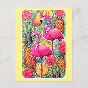 Flamants roses et ananas - Carte tropicale estival