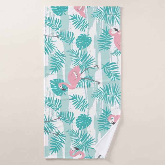 flamants roses, feuilles de palmiers verts, tropic (Serviette de bain)