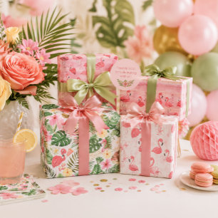 Flamants roses feuilles tropicales