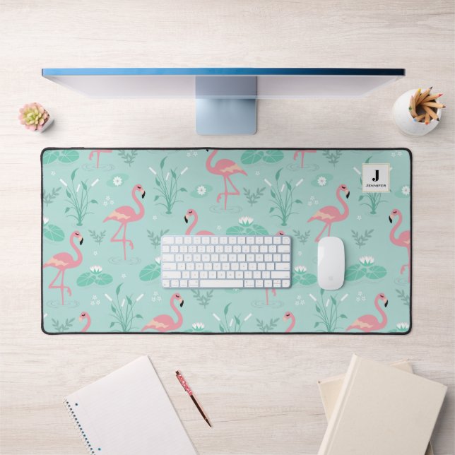 Flamants roses rose pastel Motif vert Monogramme (Bureau 1)
