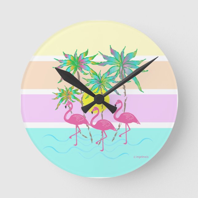 Flamants roses roses avec palmiers, horloge ronde  (Recto)