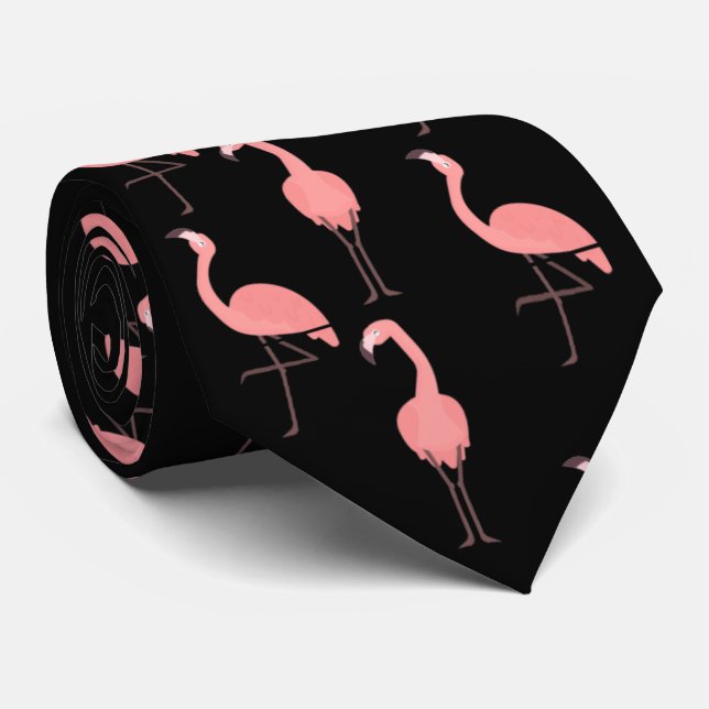Flamants roses roses sur Cravate noir (Roulé)