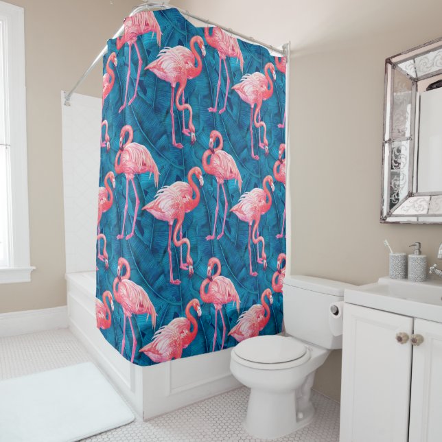 Flamants roses sur banane bleue feuille rideau de  (En situation)