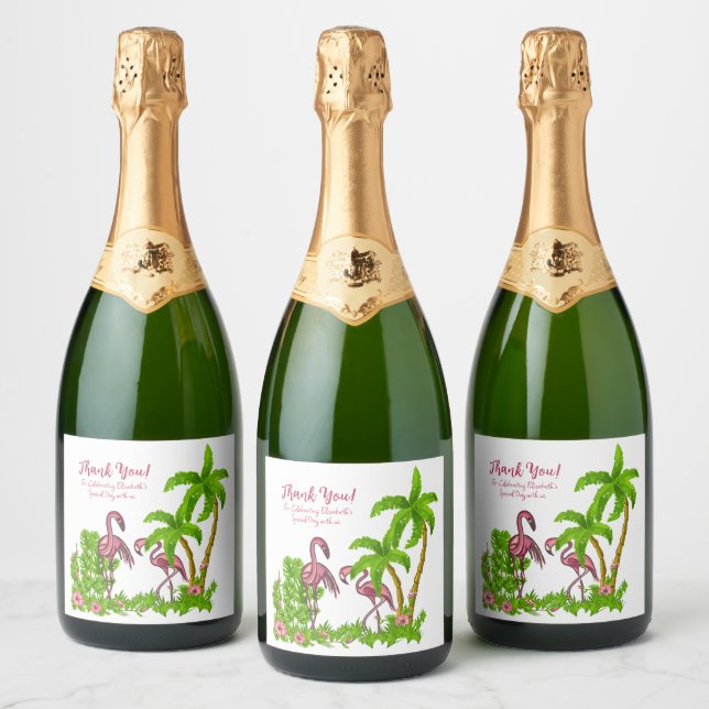 Flamants roses tropicaux et Étiquette de bouteille (Bouteilles)