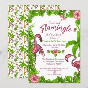 Flamants roses tropicaux et fleurs Invitation