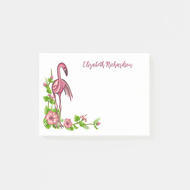 Flamants roses tropicaux et fleurs Notes post-it (Devant)