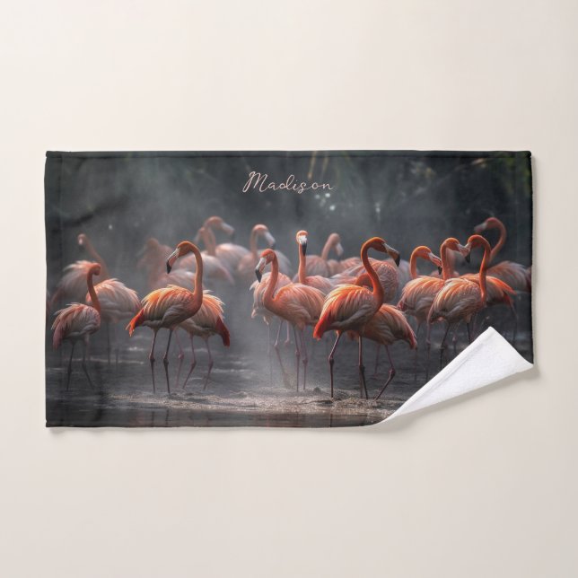 Flamants roses tropicaux nom personnalisé (Serviette à main)