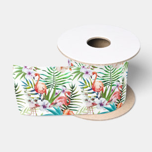 Flamboyant Flamingo Tropical nature garden pattern Satin Ribbon