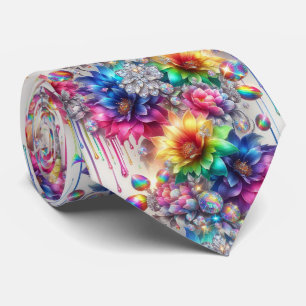 Flamboyant Neck Tie   Rainbow Flowers and Diamonds