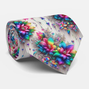 Flamboyant Neck Tie Rainbow Flowers and Diamonds