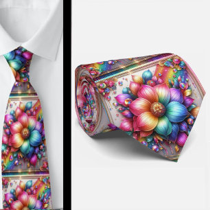 Flamboyant Neck Tie   Rainbow Flowers and Diamonds