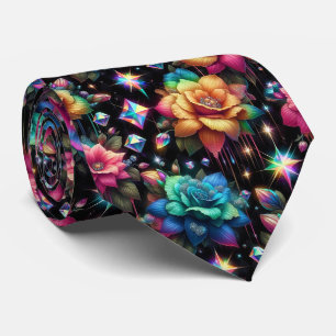 Flamboyant Neck Tie Rainbow Flowers and Diamonds