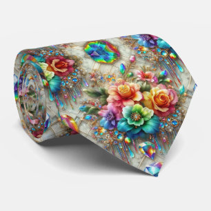Flamboyant Neck Tie   Rainbow Flowers and Diamonds