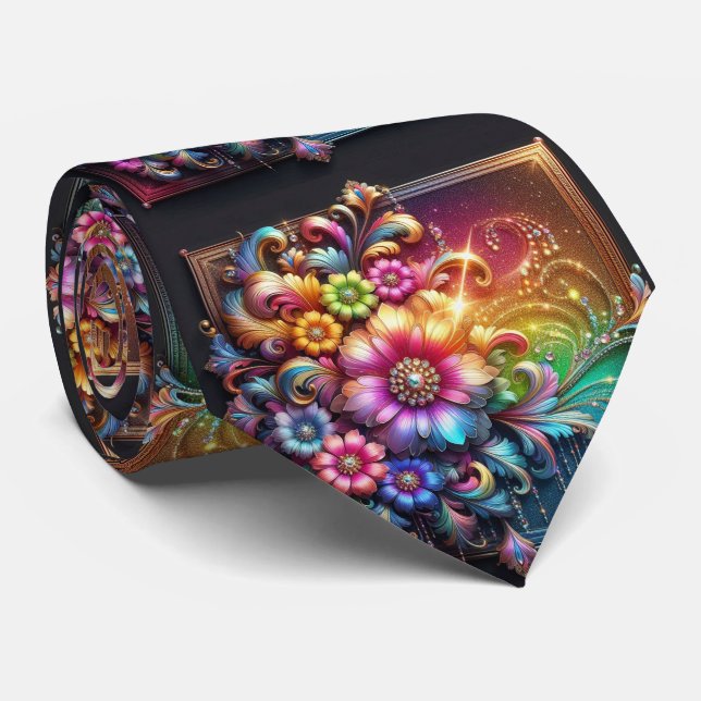 Flamboyant Neck Tie | Rainbow Flowers Faux Glitter (Rolled)