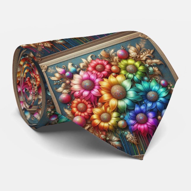 Flamboyant Neck Tie | Rainbow Flowers Faux Glitter (Rolled)