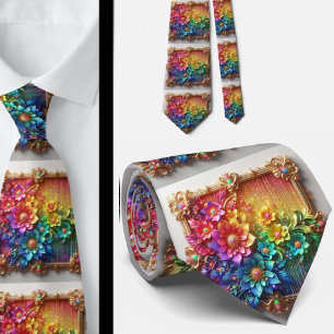 Flamboyant Neck Tie   Rainbow Flowers Faux Glitter