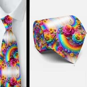 Flamboyant Neck Tie   Rainbow Flowers Faux Glitter