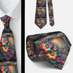 Flamboyant Neck Tie   Rainbow Flowers Faux Glitter