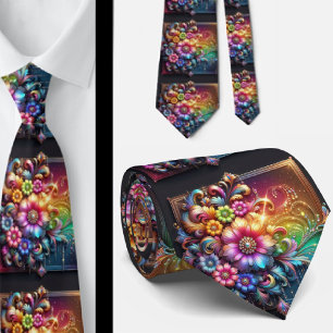 Flamboyant Neck Tie   Rainbow Flowers Faux Glitter