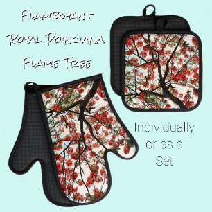 Flamboyant Royal Poinciana Tree Red Black White Oven Mitt & Pot Holder Set