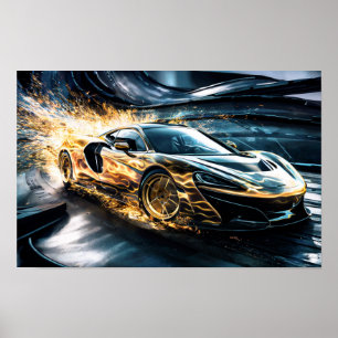Flame Gold Racing Sports Car Drifting #2 Poster