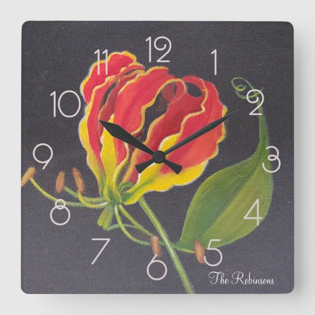 Flame Lily Square Wall Clock (Front)