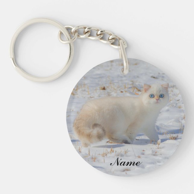 Flame Point Cat with Blue Eyes in the snow Keychain (Front)