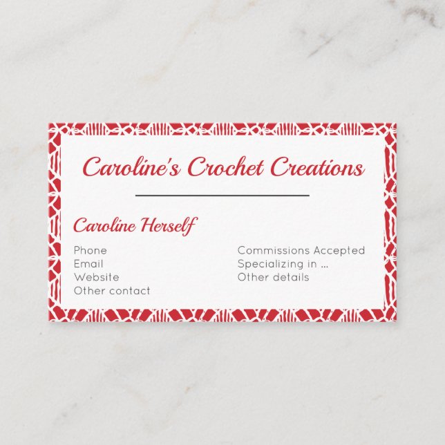 Flame Scarlett With White Crochet Lace Pattern Business Card (Front)
