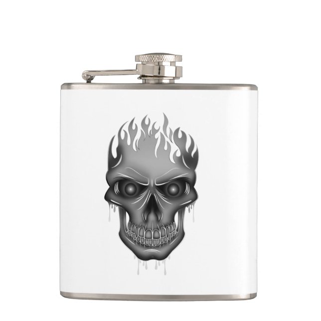 Flame Skull - Silver Hip Flask (Front)