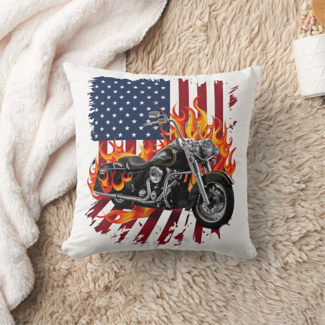 Flamed bike by American flag Throw Pillow (Blanket)