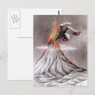 Flamenco dancing woman volcano surreal pencil art postcard