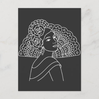 Flamenco Spanish Lady With Fan Ink art Drawing Postcard