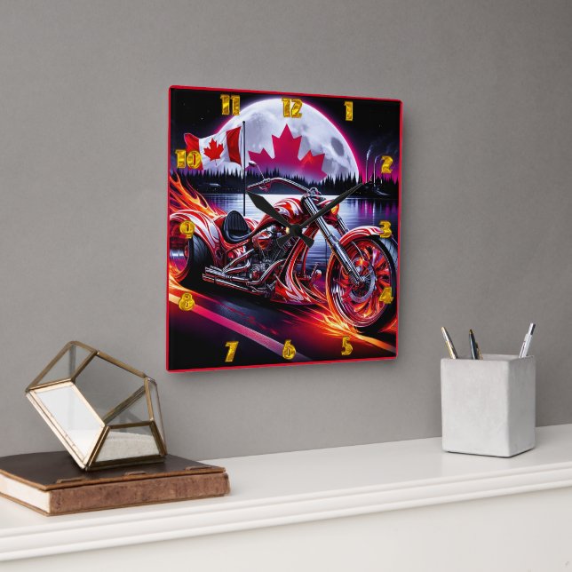Flames and freedom with the Canadian flag at night Square Wall Clock (Office)