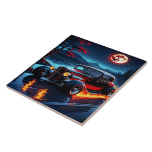 Flames and moonlight dance over a classic hot rod tile