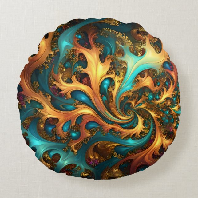 Flames of Color: Teal, Gold, Orange Fractal Dance Round Pillow (Front)