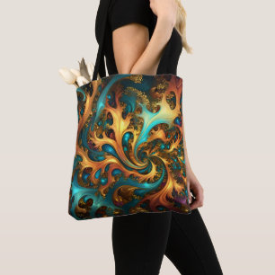 Flames of Color: Teal, Gold, Orange Fractal Dance Tote Bag