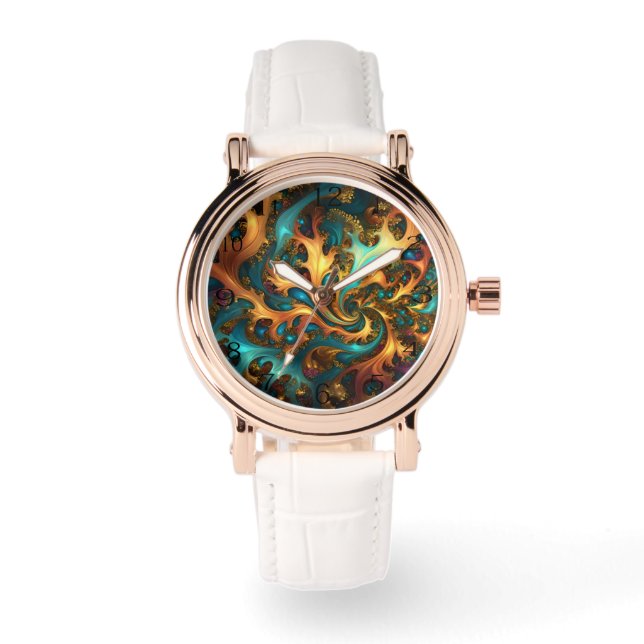 Flames of Color: Teal, Gold, Orange Fractal Dance Watch (Front)
