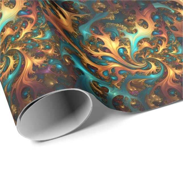 Flames of Color: Teal, Gold, Orange Fractal Dance Wrapping Paper (Roll Corner)