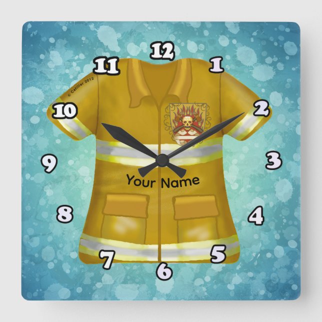 Flames Shield Firefighter Square Wall Clock (Front)