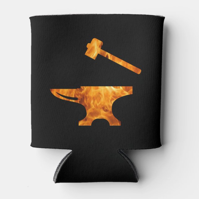 Flaming Anvil & Hammer Blacksmith Metalworking Can Cooler (Front)