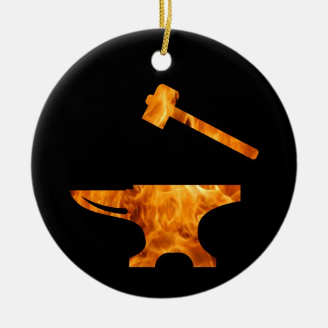 Flaming Anvil & Hammer Blacksmith Metalworking Ceramic Ornament (Front)