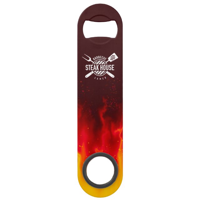 Flaming Bar Blade Opener — Custom BBQ Steak House Key (Front)