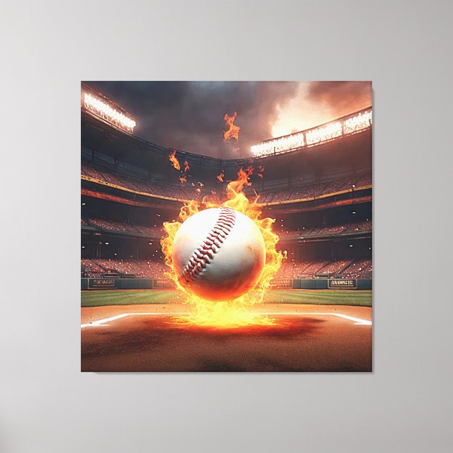 Flaming Baseball In Stadium Canvas Print (Front)